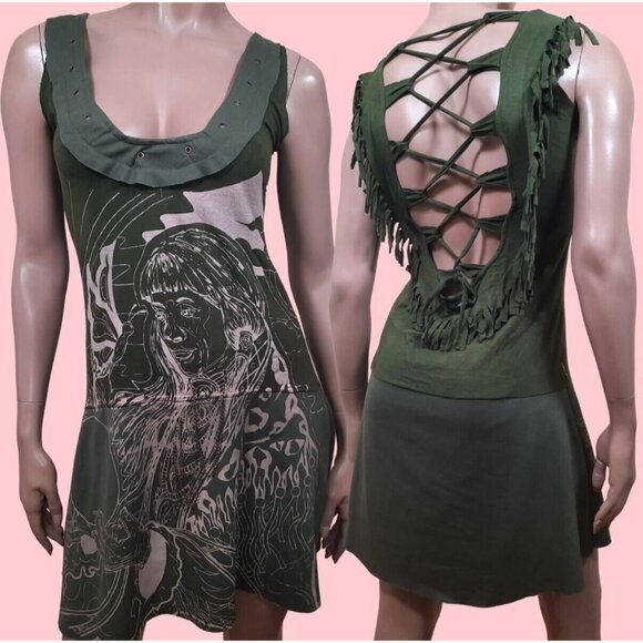 Y2K Boho Fringed Mini Dress Size S Lace Up Grommets Sleeveless Festival Hippie - Picture 1 of 12